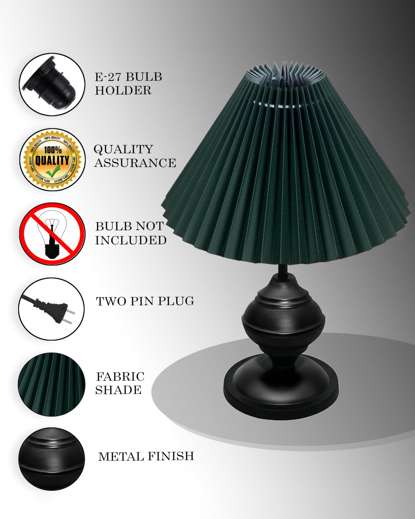 Homesake® Bedside Black Metal Table Lamp With Fabric Shade,Incandescent,E27 Holder,Urn,Desk Lamp,Night Lamp,Office,Nightstand,Table Lamp For Living Room,Study Room,Kids Room,Pleated