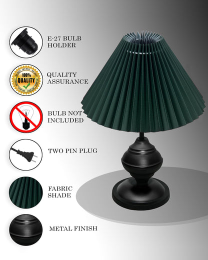 Homesake® Bedside Black Metal Table Lamp With Fabric Shade,Incandescent,E27 Holder,Urn,Desk Lamp,Night Lamp,Office,Nightstand,Table Lamp For Living Room,Study Room,Kids Room,Pleated