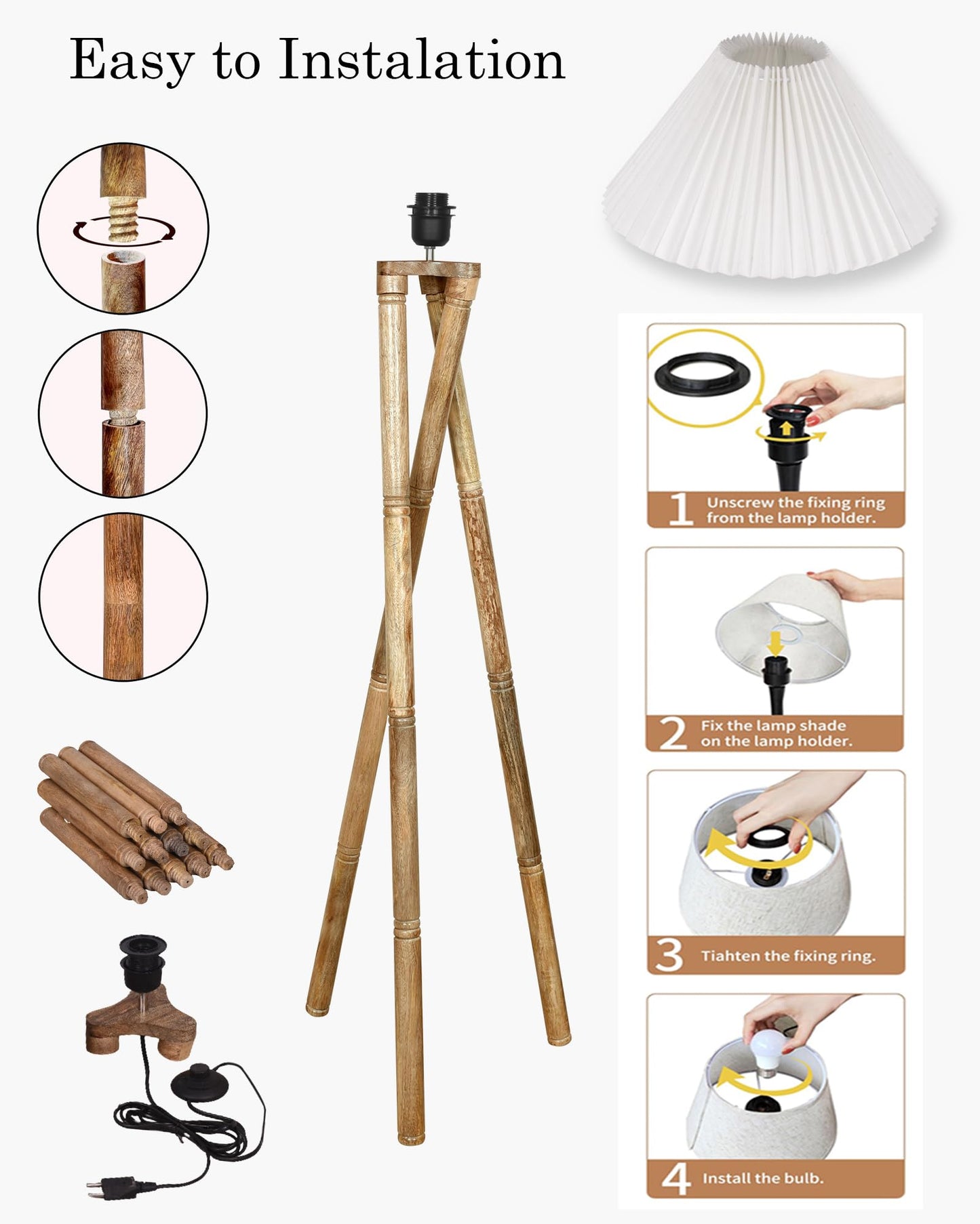 Cross-leg Wood Tripod Floor Lamp, Mid Century Standing Lamp, E27 Lamp Base, With Shade Modern Design Floor Reading Lamp for Living Room Bedroom, Study Room and Office