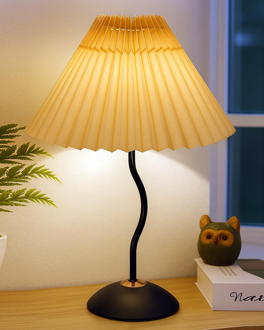 Homesake® Matt Black Twister Small Table Lamp, Modern Bedside Nightstand, Lamps | Desk Accessories | Metal Base for Bedroom, Home Office, Living Room, Kids Dorm, E27 Holder, Pleated