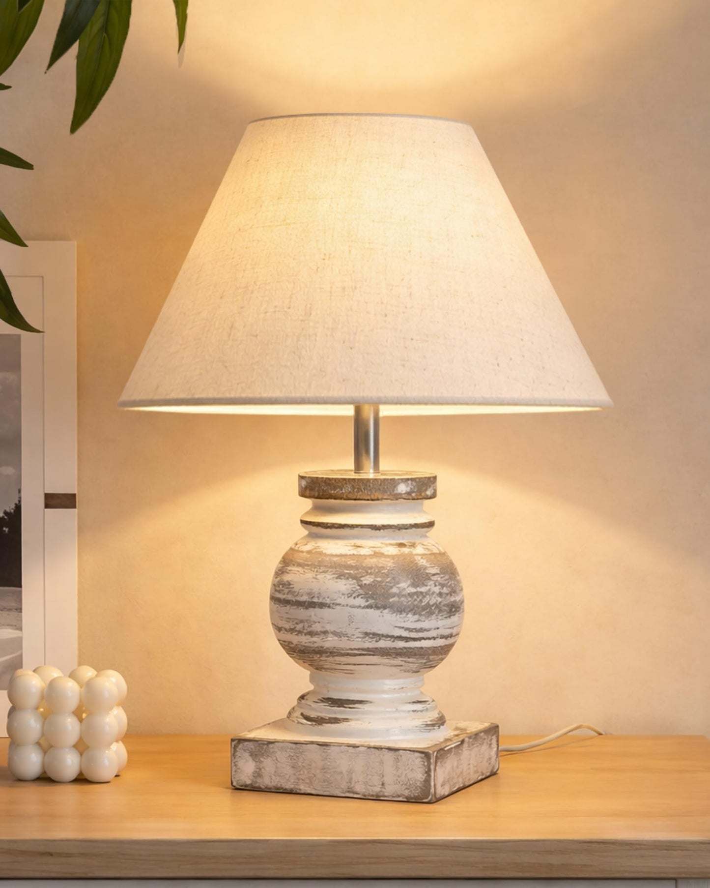 Small Table Lamp for Bedroom Whitewash Distress Living Room Simple Retro Wood Grain Farmhouse Bedside Lamps Suitable for Nightstand, Gift, Trophy, Jute Shade