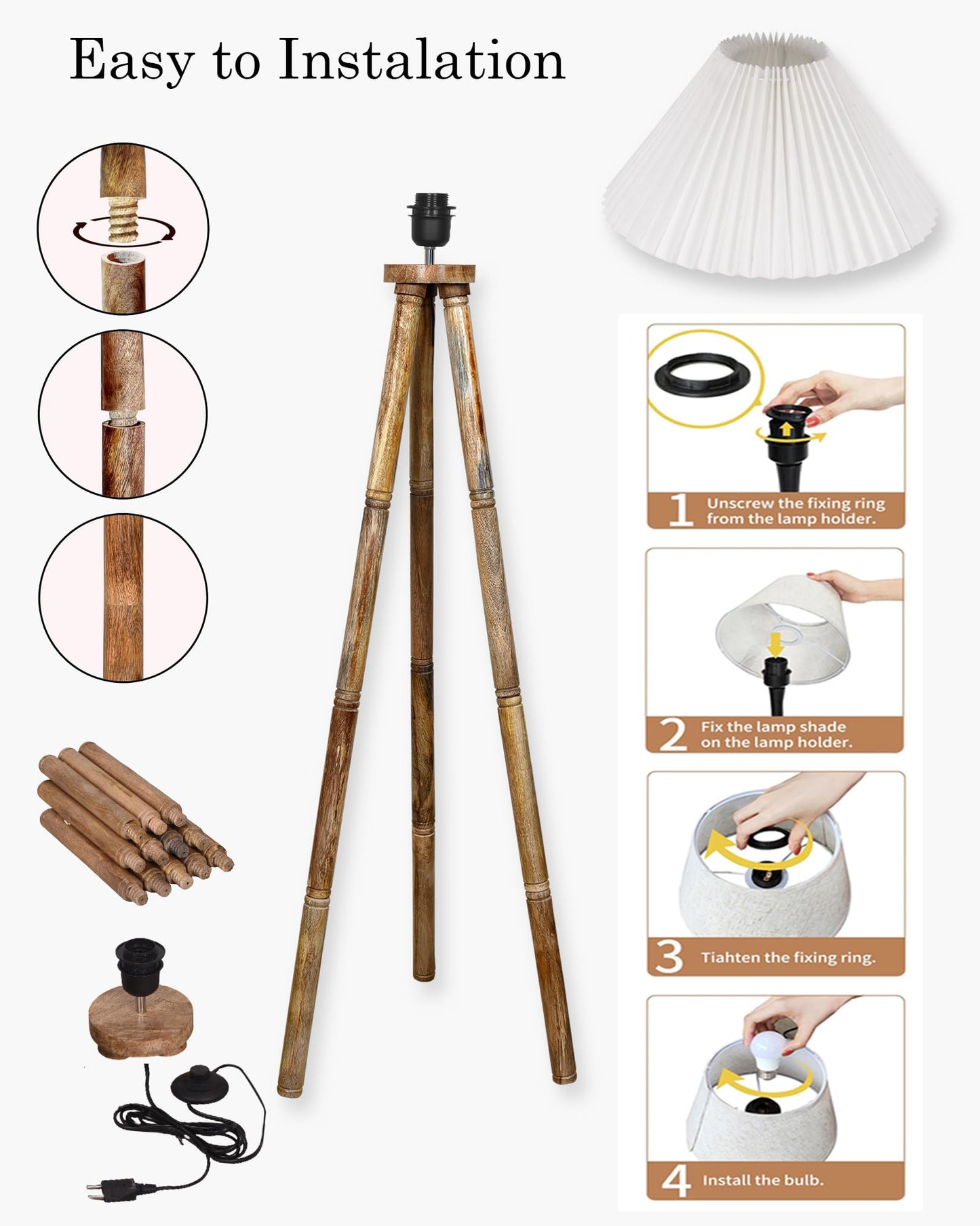 Wood Tripod Floor Lamp, Mid Century Standing Lamp, E27 Lamp Base, With shade Modern Design Floor Reading Lamp for Living Room Bedroom, Study Room and Office
