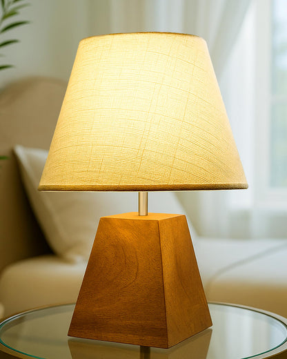Wood Table Lamp, Modern Base Fabric Lampshade for Home Office Cafe Restaurant, Pyramid, White Jute