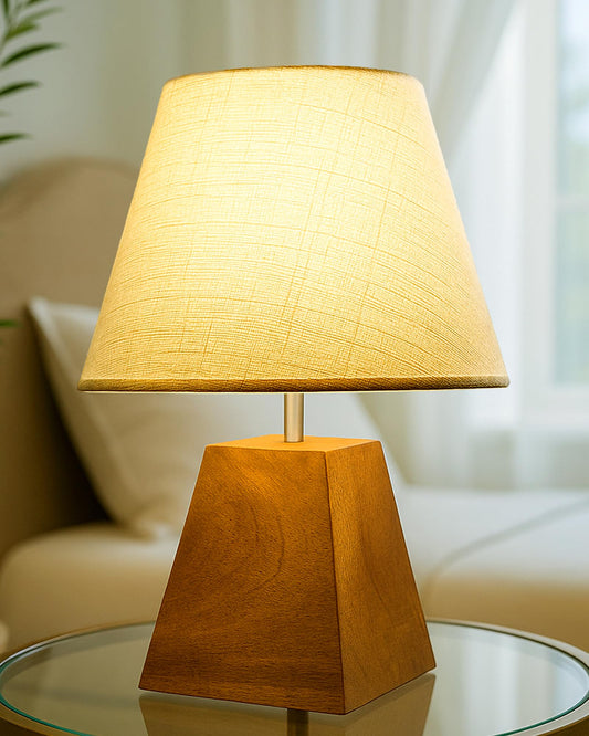 Wood Table Lamp, Modern Base Fabric Lampshade for Home Office Cafe Restaurant, Pyramid, White Jute