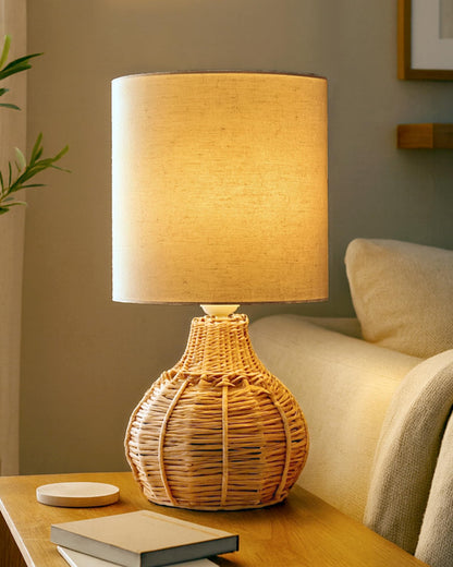 Homesake® Raffia Rattan Table Lamp, Small Nightstand Lamp with Linen Fabric Lampshade, Bedside Lamp for Bedroom, Living Room, Study & Livra Home Décor | Warm Ambient Lighting (Spinning, Jute)