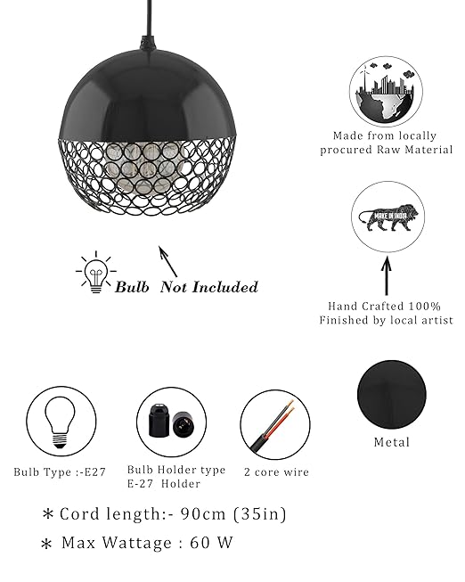 Matt black Crystal hanging globe light, ceiling light, Nordic E27 pendant