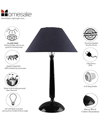 Glossy Black Cubist Aluminium Table Lamp With Cone Shade, Bedside, Living Room Study Lamp, Bulb Included