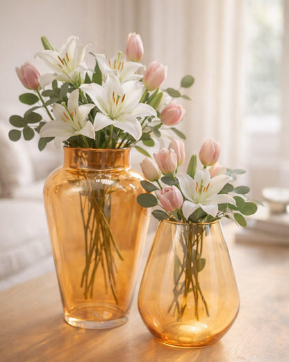 Set of 2 Flower Vase for Flower Plants Glass Vase Pot for Living Room Home Decor Dining Table Decoration Water Plants Bedroom Hall Aesthetic House Warming Gift, Amber Gold