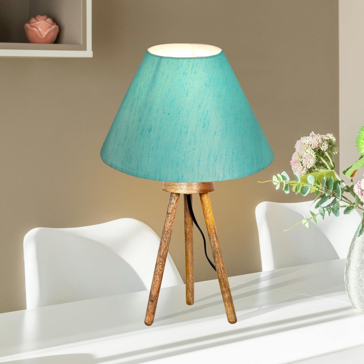 Wood Tripod Small Table Lamps, Rustic Antique Dimmable Bedside Lamp with Linen Lampshade, Nightstand Lamp for Nursery, Bedroom, Kid Room, Living Room,