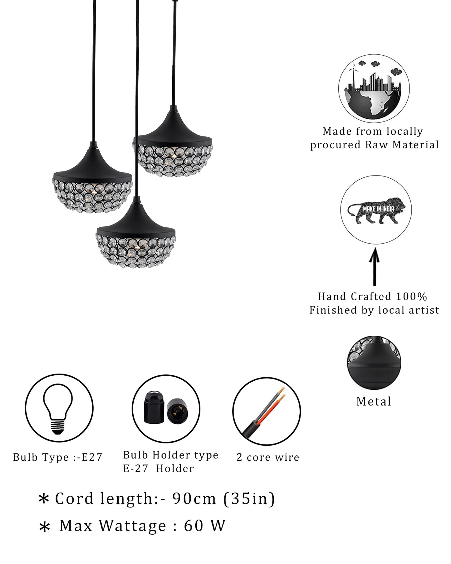 3-lights Round Cluster Chandelier Crystal hanging goblet Pendant Light with Braided Cord