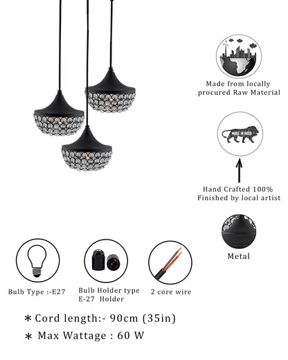 3-lights Round Cluster Chandelier Crystal hanging goblet Pendant Light with Braided Cord