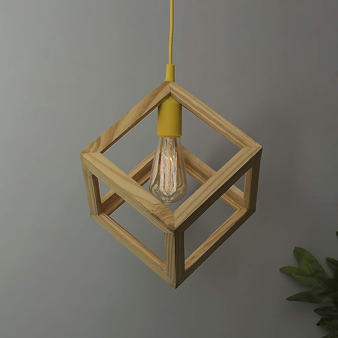 Modern Nordic Wooden Pendant Cube Light, with Silicon Holder, Restaurant Dining Kitchen Hanging Light with Fixture, LED/Filament