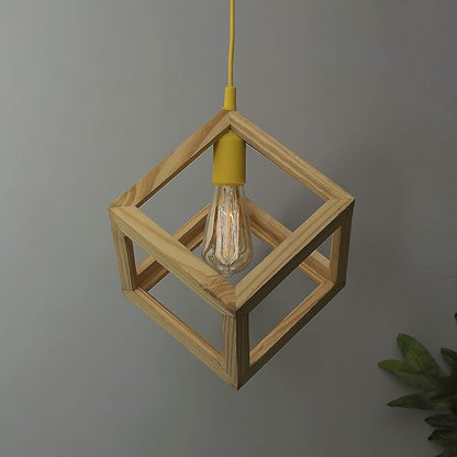Modern Nordic Wooden Pendant Cube Light, with Silicon Holder, Restaurant Dining Kitchen Hanging Light with Fixture, LED/Filament
