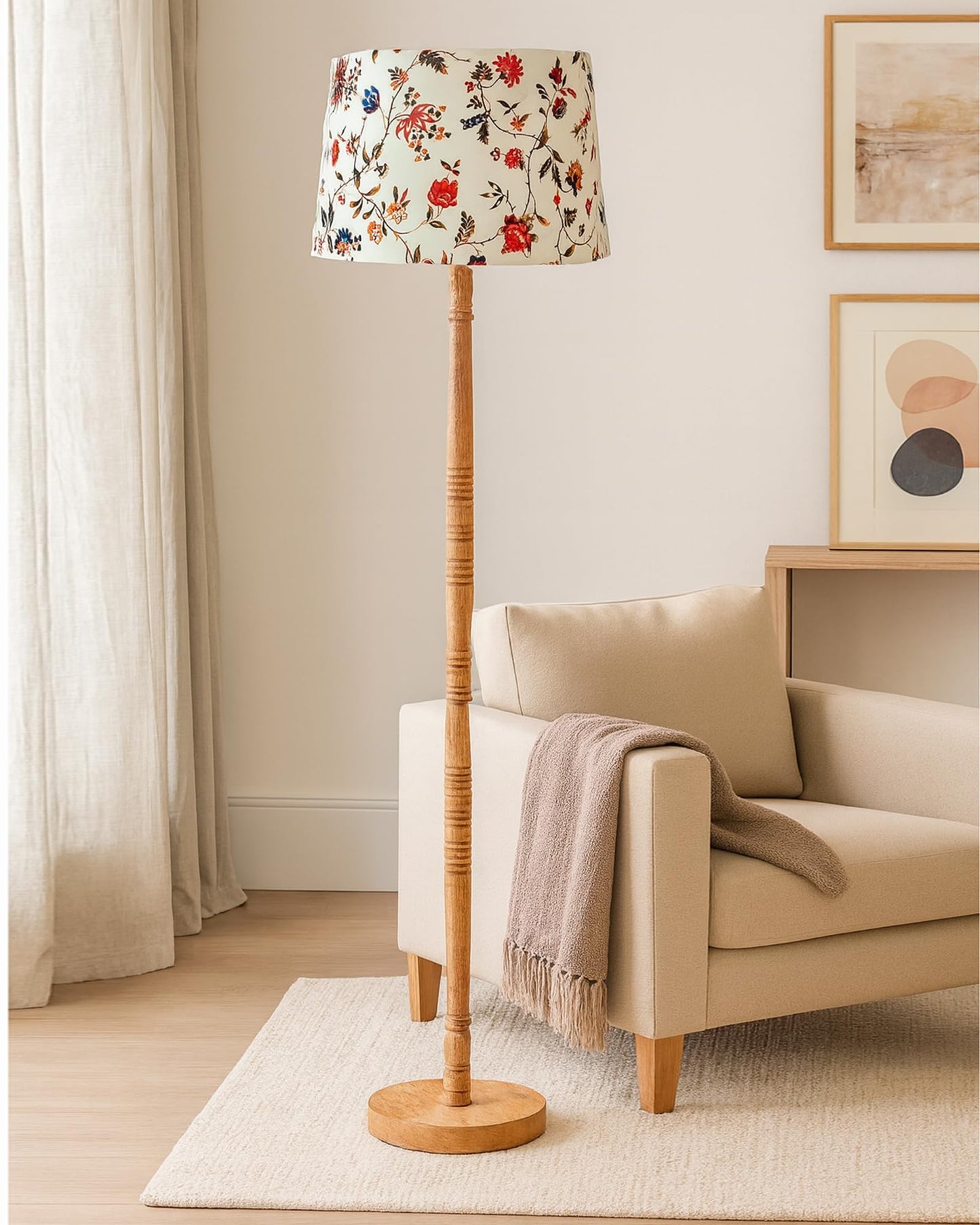 Homesake® Mid Century Modern Floor Lamp for Living Room | Hand turned | Corner Lamp for Living Room, Stand Lamp with Fabric Lampshade for Bedroom, Study Room and Office, (Vine and Flowers)