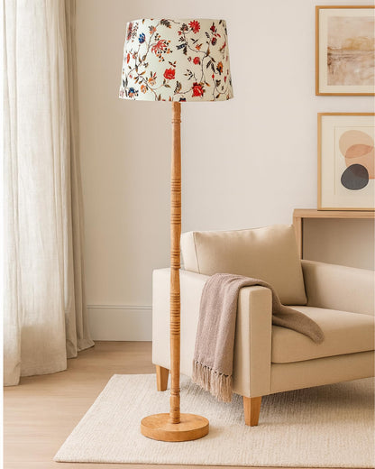 Homesake® Mid Century Modern Floor Lamp for Living Room | Hand turned | Corner Lamp for Living Room, Stand Lamp with Fabric Lampshade for Bedroom, Study Room and Office, (Vine and Flowers)