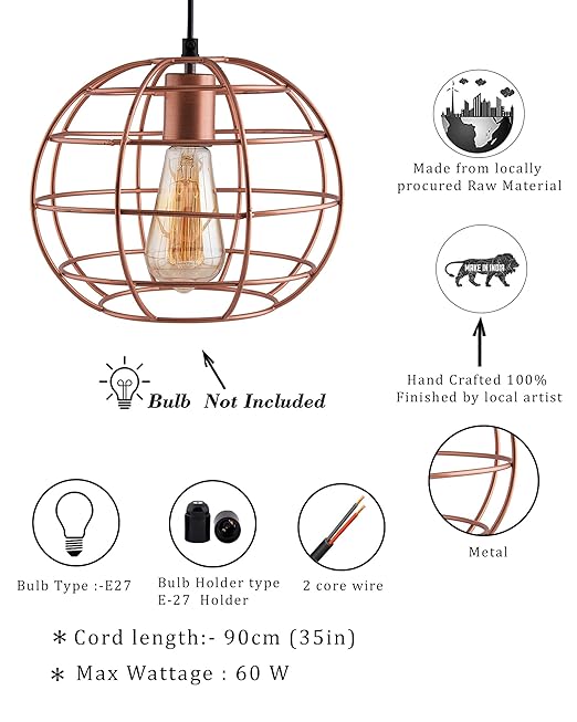 Copper Edison Filament Hanging Classic Sphere, Rose Gold, E27 Hanging Ceiling Light for LED/Filament Bulb, Decorative Urban Retro Lighting