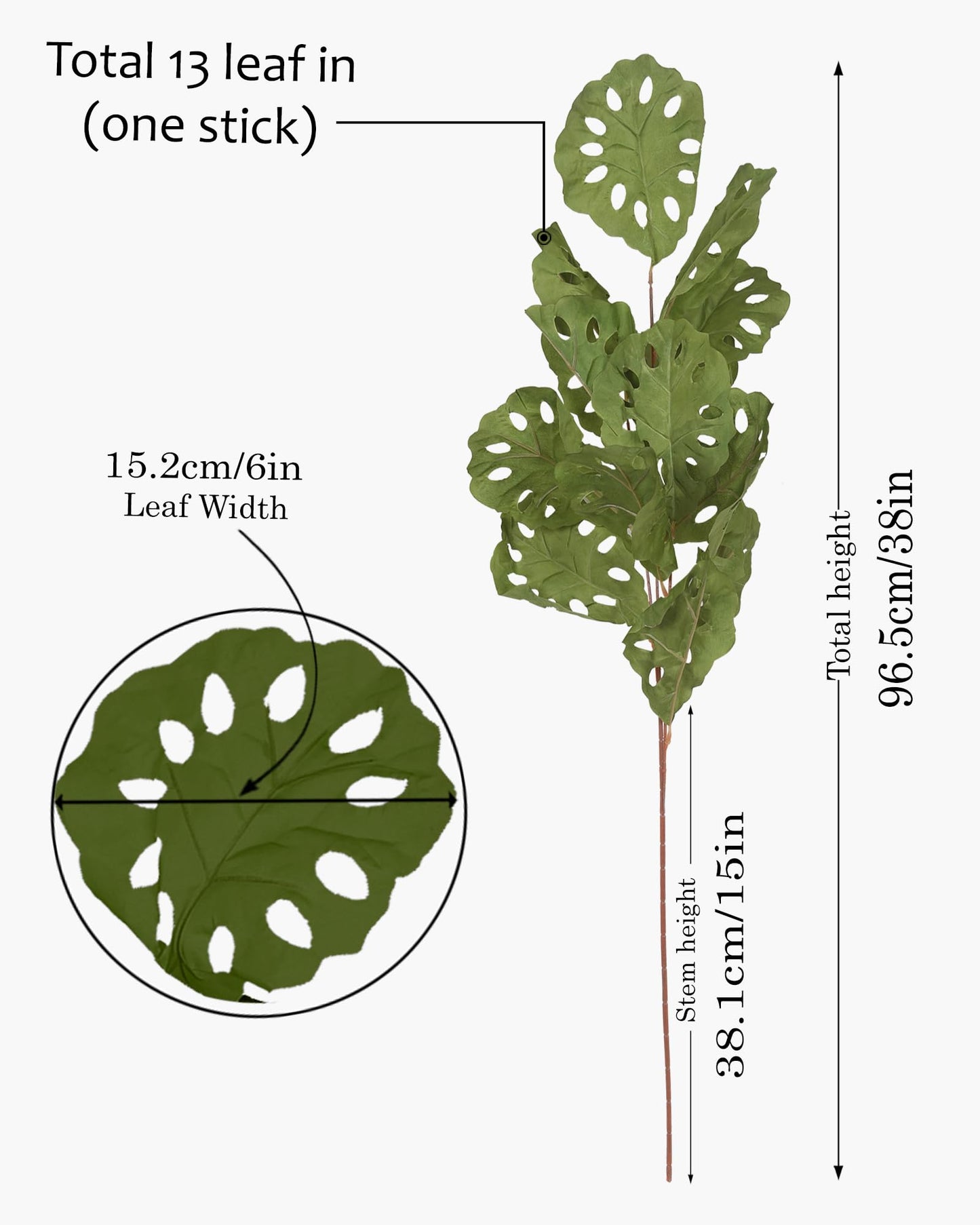 Homesake® Faux Long Monstera Leaf Stems, Set of 2 Artificial Branches with 5 Sticks Each, Pot Not Included, Decorative Plant for Vase, Tabletop, Living Room, Home Décor, Green