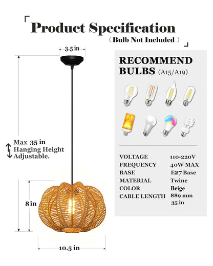 Homesake® Rattan Seagrass Raffia Kauna Paper Grass Wicker Lamp Premium Pendant Light | Livra Hanging Ceiling Lamp Handwoven, Paper Rope Boho Hand-Woven Lampshade for Home Decor, Beige, pumpkin