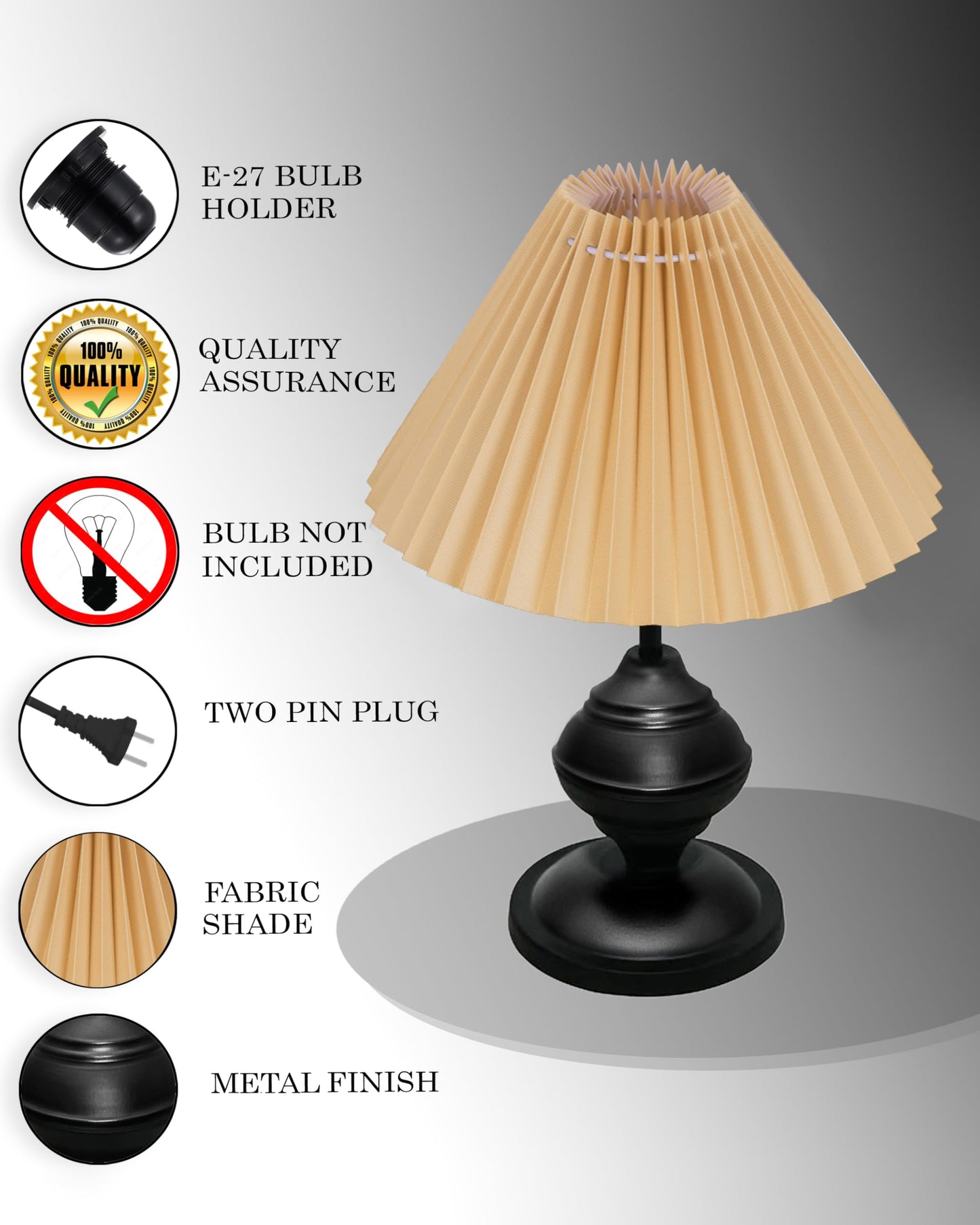 Homesake® Bedside Black Metal Table Lamp With Fabric Shade,Incandescent,E27 Holder,Urn,Desk Lamp,Night Lamp,Office,Nightstand,Table Lamp For Living Room,Study Room,Kids Room,Pleated