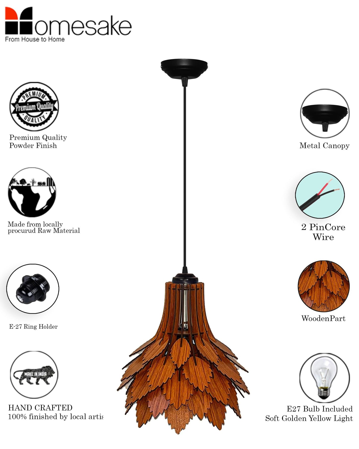 Homesake® Handcrafted Wooden Pendant lamp, Design Ceiling lamp,Hanging lamp Home decor Chandelier Light | E27 Bulb Included | Decoration for restaurants, Hotel, Home,Bedroom, Dining & Café