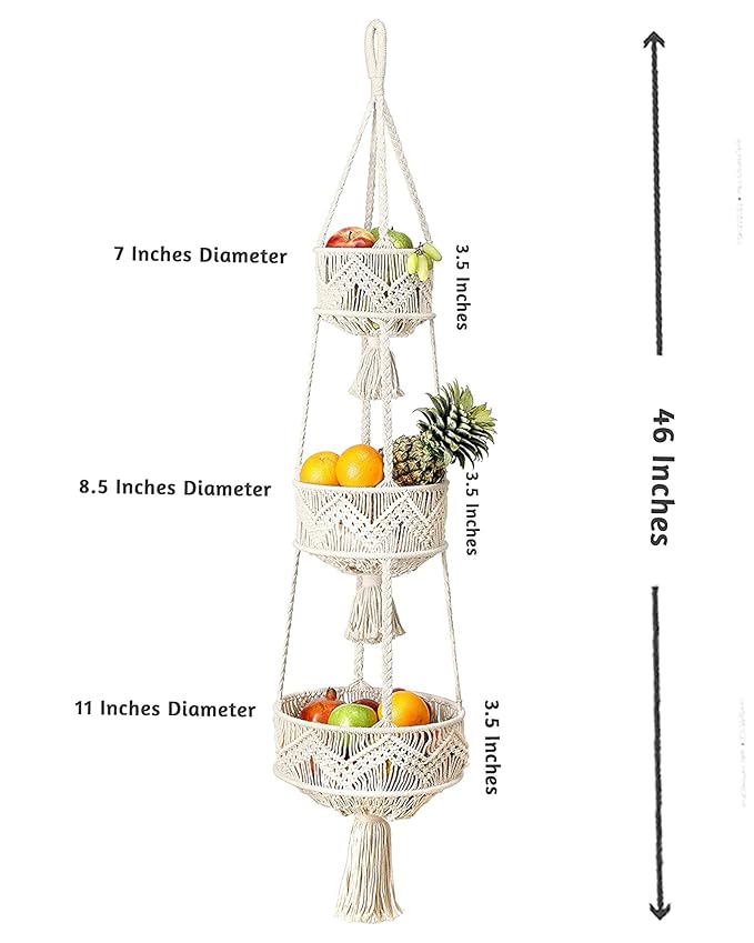 3 Tier Hanging Fruit Basket for Kitchen, Macrame Hanging Basket for Fruit and Vegetable Storage, Boho Wall Baskets for Organizing, Boho Decor for Indoor Plants, 46 Inches Long