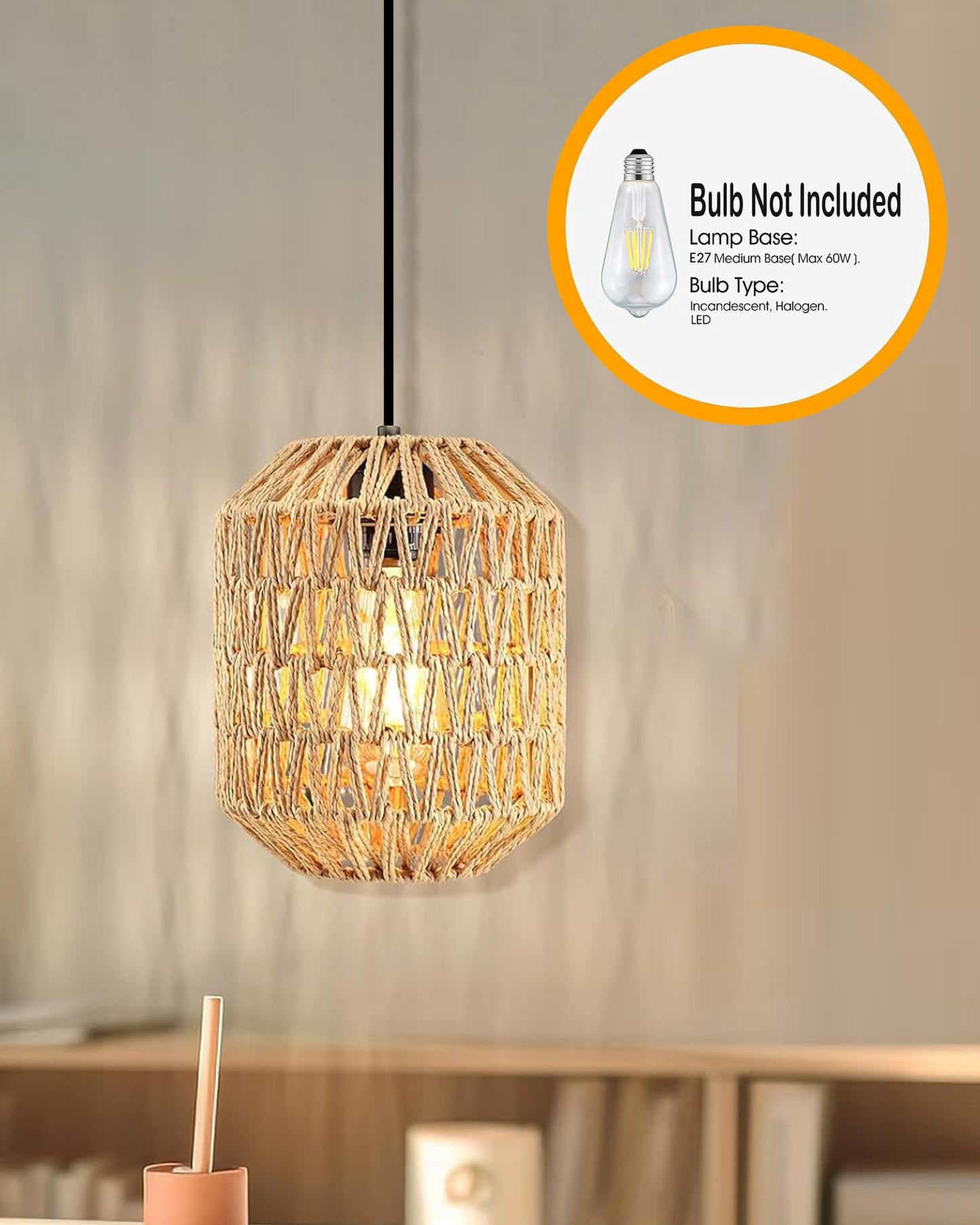 Homesake® Rattan Seagrass Raffia Kauna Paper Grass Wicker Lamp Premium Pendant Light | Livra Hanging Ceiling Lamp Handwoven, Paper Rope Boho Hand-Woven Lampshade for Home Decor, Beige, pumpkin