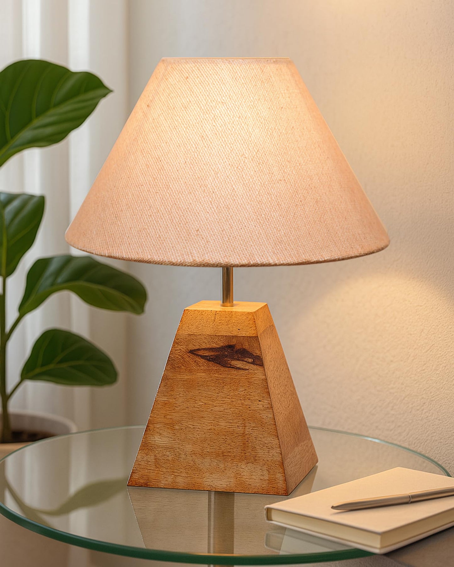 Wood Table Lamp, Modern Base Fabric Lampshade for Home Office Cafe Restaurant, Pyramid