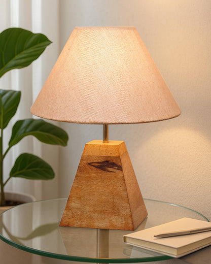 Wood Table Lamp, Modern Base Fabric Lampshade for Home Office Cafe Restaurant, Pyramid