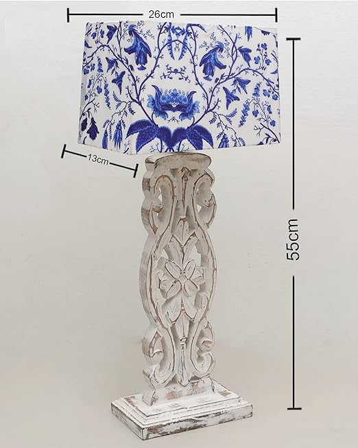Sculptural Hand Carved Wood Table Lamp with Blue Birds shade, Mint Green.