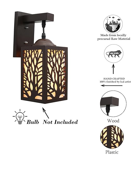 Wooden Modern Floral Pattern Wall Light, Coffee Brown White Frost shade