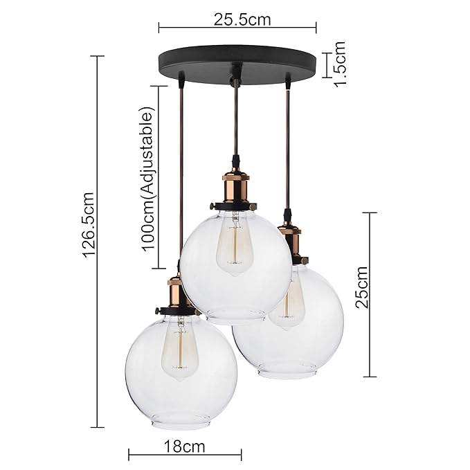 3-Lights Round Cluster Chandelier Modern Glass Globe Hanging Light, Antique Socket, E27 Holder, Kitchen Island Ceiling Light URBAN Retro