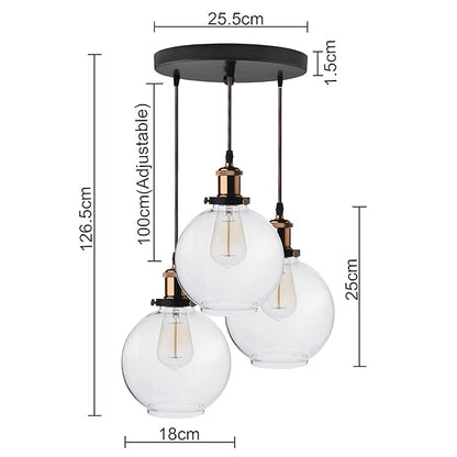 3-Lights Round Cluster Chandelier Modern Glass Globe Hanging Light, Antique Socket, E27 Holder, Kitchen Island Ceiling Light URBAN Retro