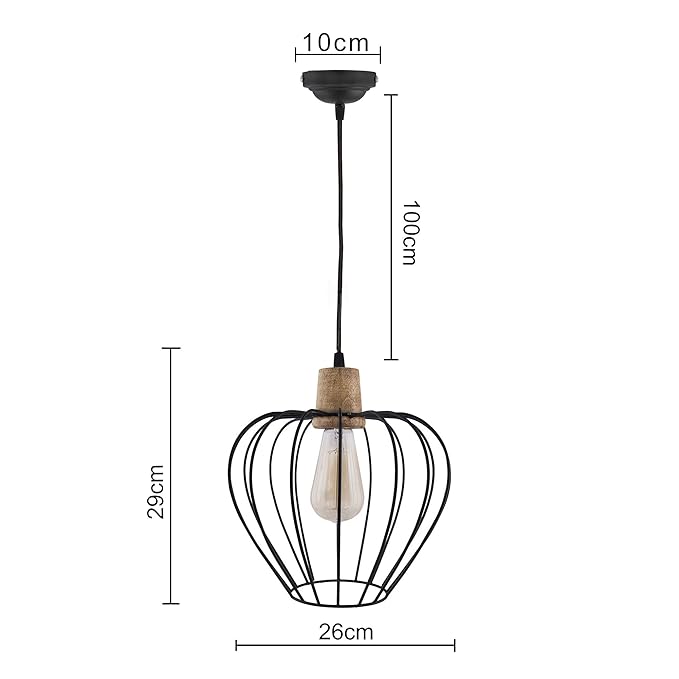Industrial Loft Black Metal Chimney Cage Wood Art Pendant, Hanging Ceiling Lights, Edison Vintage light