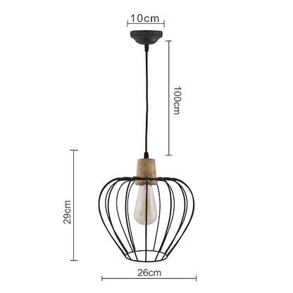 Industrial Loft Black Metal Chimney Cage Wood Art Pendant, Hanging Ceiling Lights, Edison Vintage light