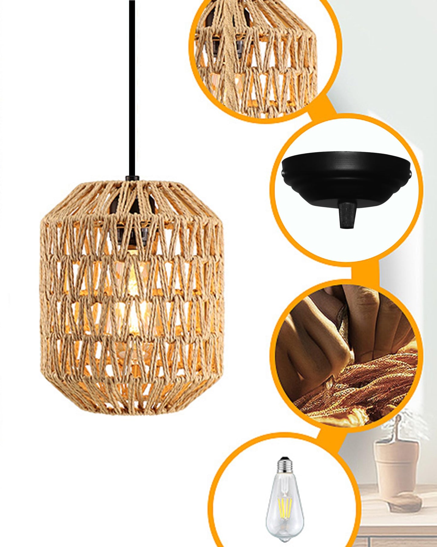 Homesake® Rattan Seagrass Raffia Kauna Paper Grass Wicker Lamp Premium Pendant Light | Livra Hanging Ceiling Lamp Handwoven, Paper Rope Boho Hand-Woven Lampshade for Home Decor, Beige, pumpkin