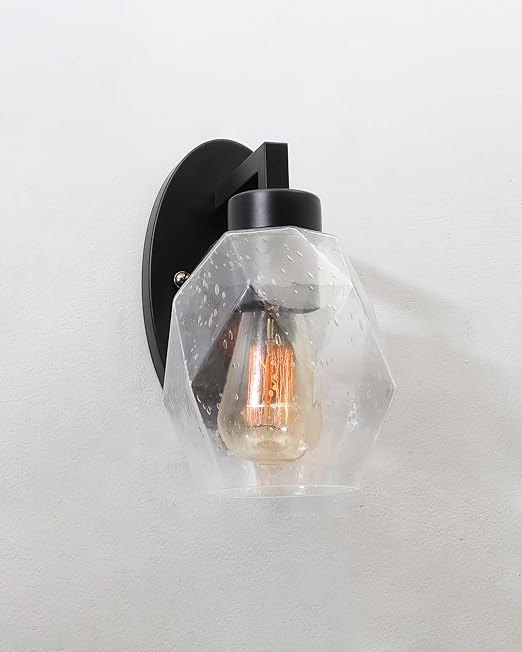 1-Light Wall Sconce Vanity Lighting Bathroom Lamp in Black with Hexa Glass Shades Wall Mounted Light Fixtures for Bedroom Stairs and Kitchen