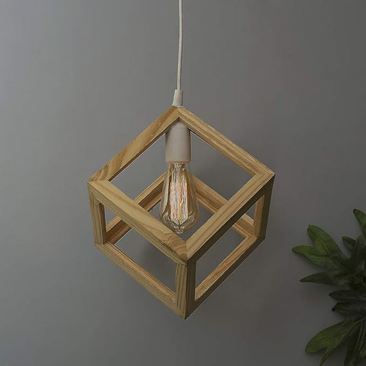Modern Nordic Wooden Pendant Cube Light, with Silicon Holder, Restaurant Dining Kitchen Hanging Light with Fixture, LED/Filament