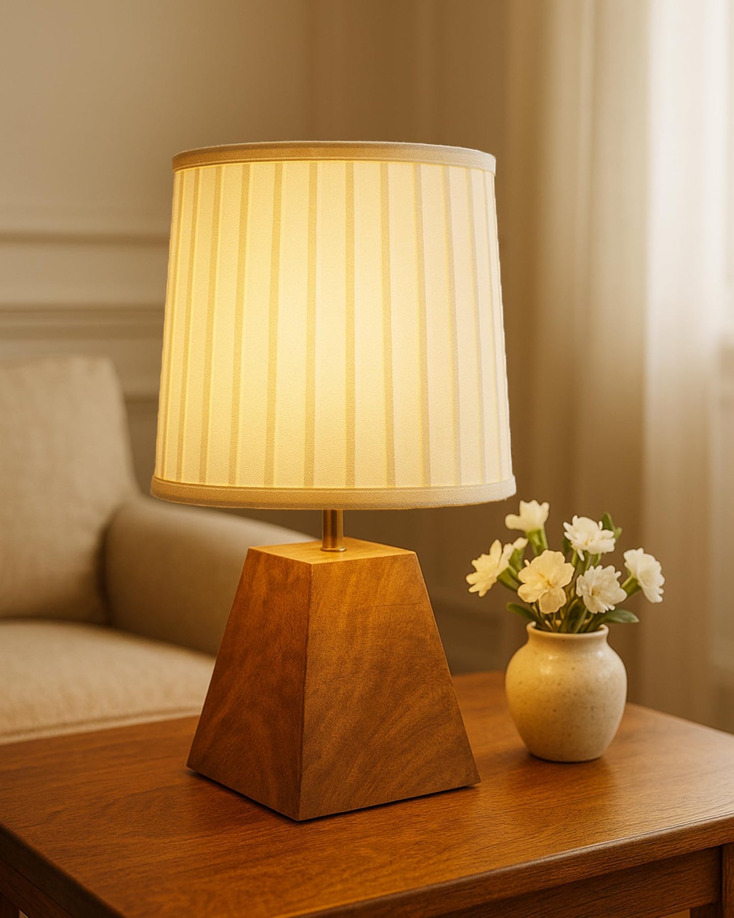 Wood Table Lamp, Modern Base Fabric Lampshade for Home Office Cafe Restaurant, Pyramid