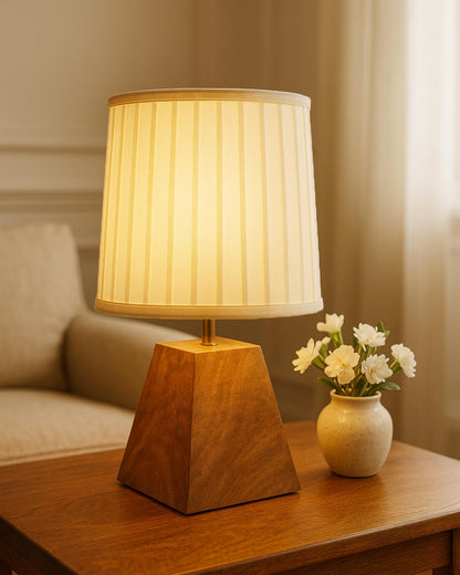 Wood Table Lamp, Modern Base Fabric Lampshade for Home Office Cafe Restaurant, Pyramid