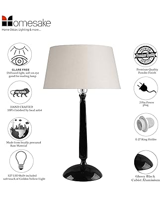Glossy Black Cubist Aluminium Table Lamp With Drum Shade, Bedside, Living Room Study Lamp, Bulb Included