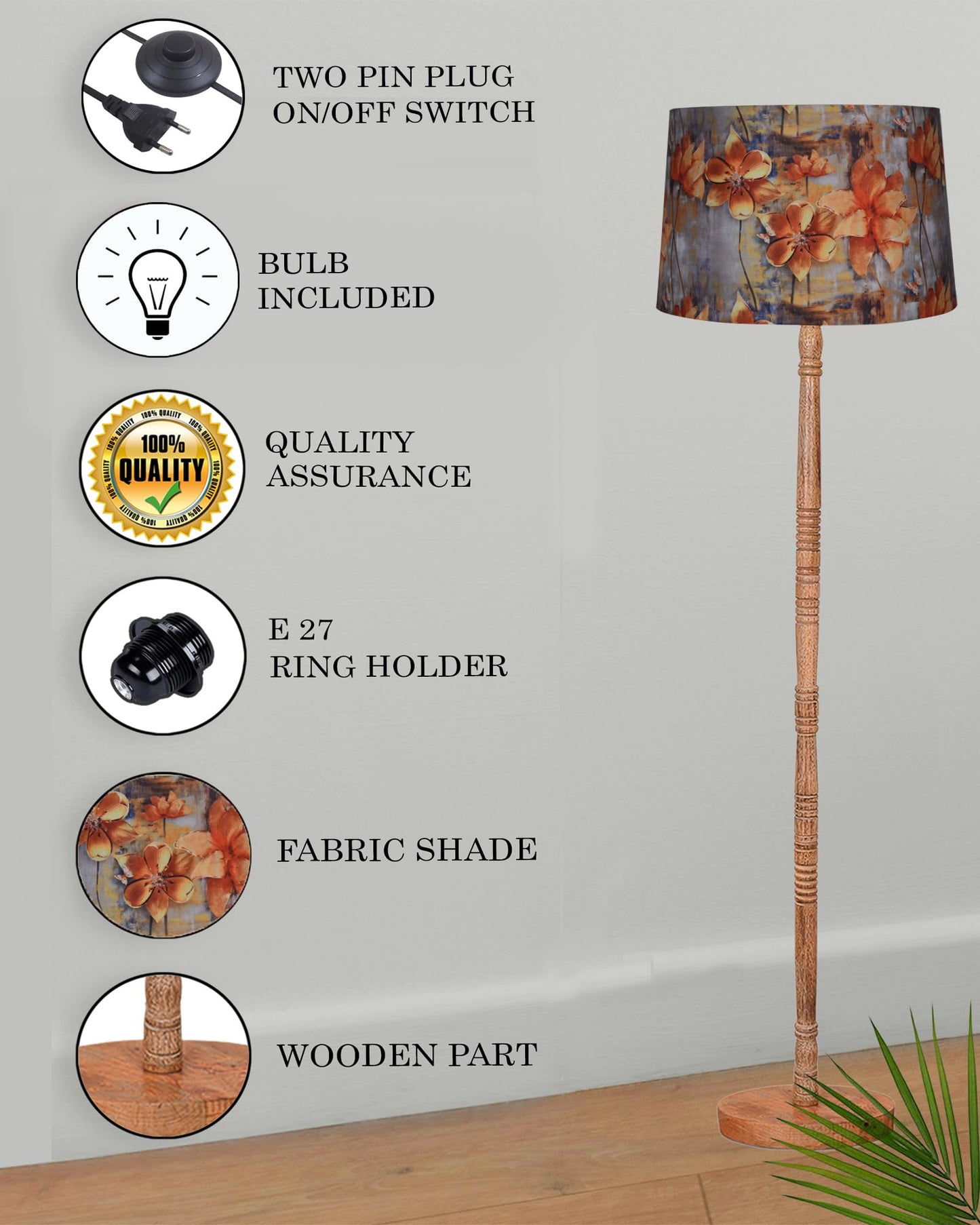 Homesake® Mid Century Modern Floor Lamp for Living Room | Hand turned | Corner Lamp for Living Room, Stand Lamp with Fabric Lampshade for Bedroom, Study Room and Office, (Vine and Flowers)