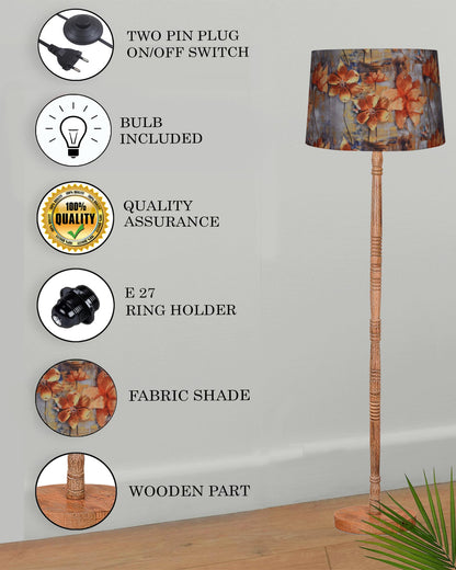 Homesake® Mid Century Modern Floor Lamp for Living Room | Hand turned | Corner Lamp for Living Room, Stand Lamp with Fabric Lampshade for Bedroom, Study Room and Office, (Vine and Flowers)