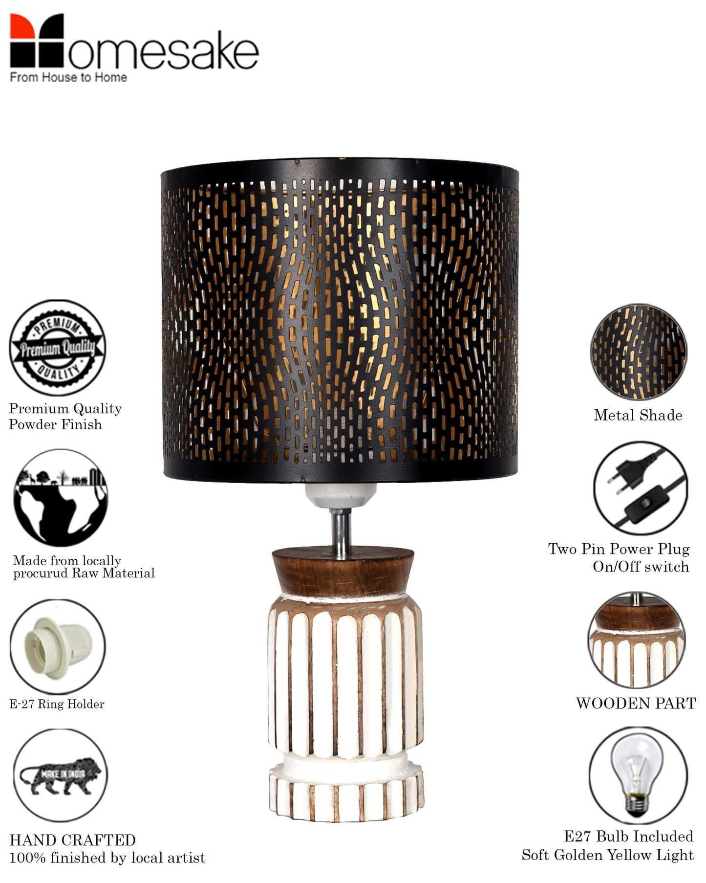 Homesake® Retro Farmhouse Table Lamp Wooden Base for Living Room Bedroom Rustic Linen Bedside Nightstand Lamps for Kids Room Study Office Home Decor Metal Shade