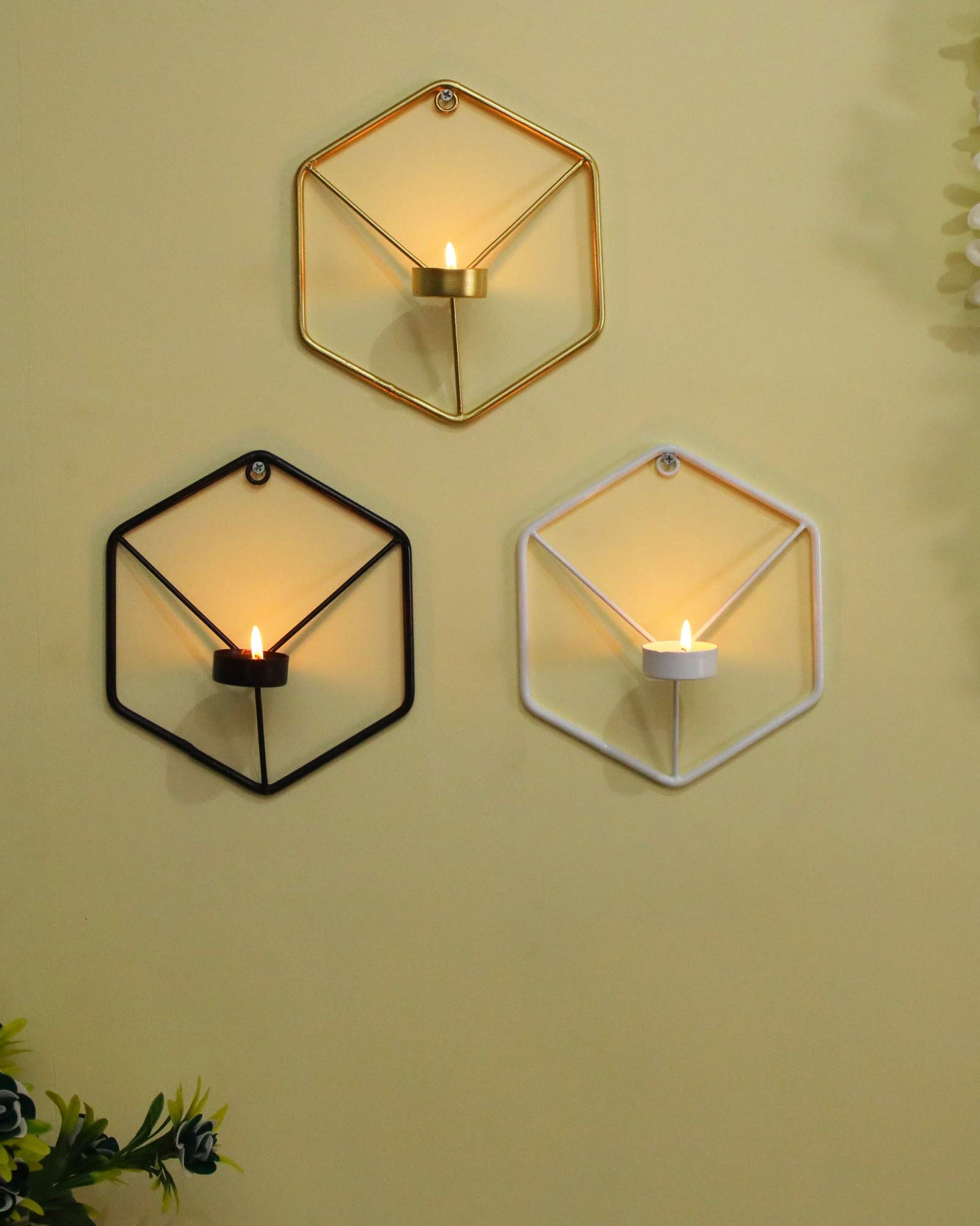 Homesake® Set of 3, Metal Wall Mounted Hexagon Tealight Candle Holder, T-Light Candles, Black, White, Golden (Multi Hexagon Set of 3)