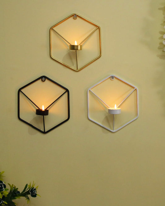 Homesake® Set of 3, Metal Wall Mounted Hexagon Tealight Candle Holder, T-Light Candles, Black, White, Golden (Multi Hexagon Set of 3)