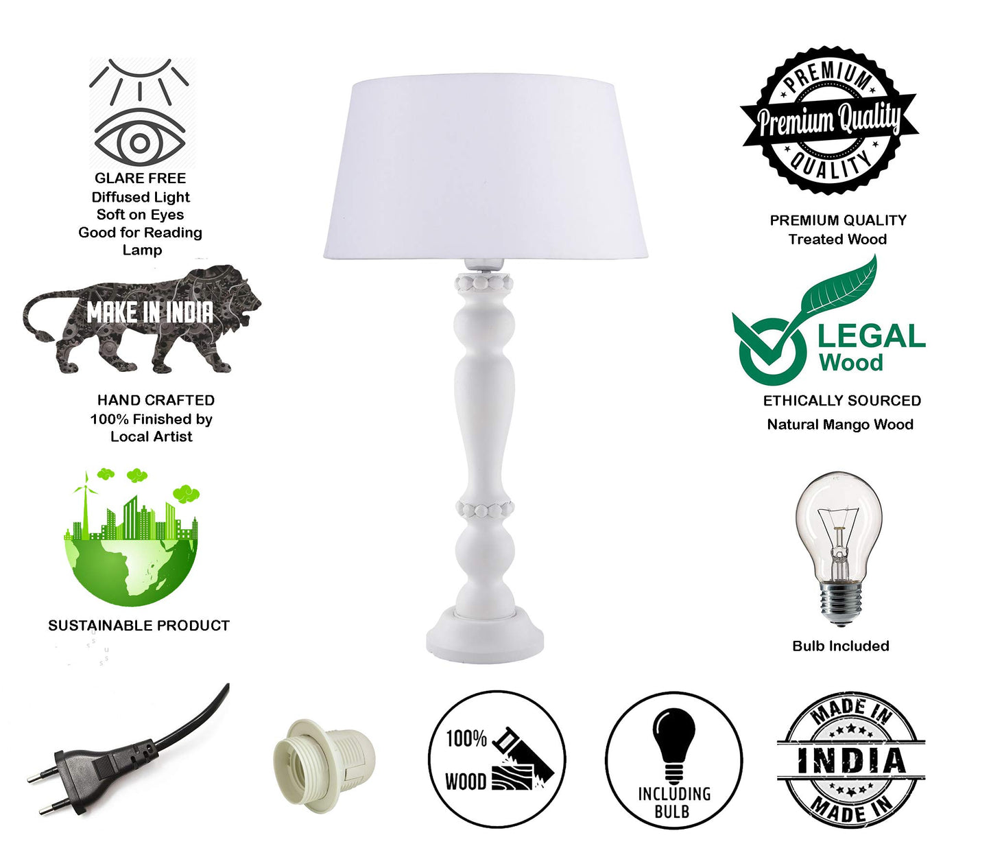 Homesake® Eureka Polka White Wood Table Lamp with White Drum Shade for Living Room, Home Decor, Bedroom