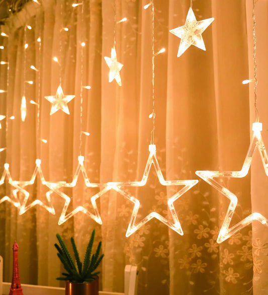 Homesake® 12 Stars Curtain String Lights Window Curtain Lights with 8 Flashing Modes Diwali Lights for Decoration Home, Festive Decor, Fairy Lights for Room Decoration (2.5 M Pack of 1)-2 pin Plug
