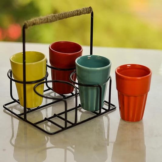Chai Glass With Stand, Ceramic Chai Glass (4 Glasses), Multicolour