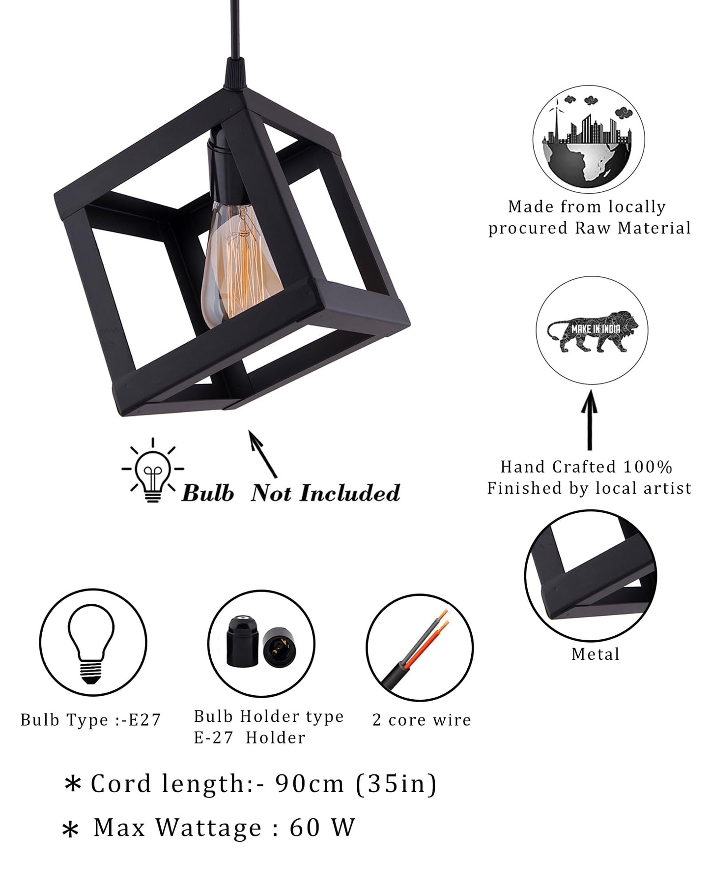 Edison Filament Hanging Cube 6", E27 Holder, Decorative, Black, URBAN Retro, nordic style