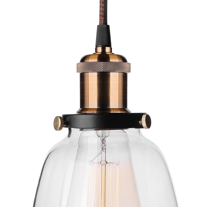 Pendant Light with Bell Glass Shade, Metal Base Cap and Adjustable Textile Cord, Industrial Style Retro Hanging Lamps for Dining Living Room